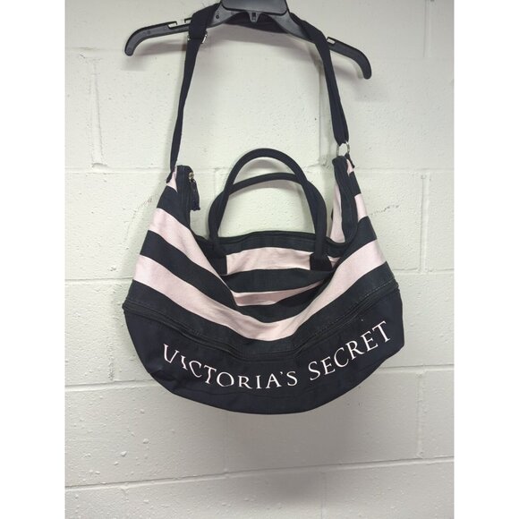 Victoria’s Secret Expandable Weekender Tote Bag Pink/Black Stripe Shoulder Strap - Picture 1 of 10